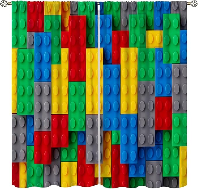 Kids Building Blocks Toy Curtains for Kids Room W42 x L54 Inch Rod Pocket Contour Plastic Colorful Toy Bricks Geometric Print Pattern Curtains for Boys Girls Bedroom 2 Panels