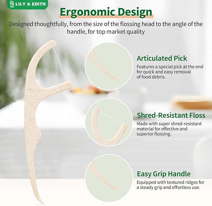LILY & EDITH Biodegradable Dental Floss Picks Adults and Kids 300 Counts, Fluoride-Free, Plant Based Straw Wheat Material, Planet Protector, Zero Waste Package, Shred Resistant (Chocolate)