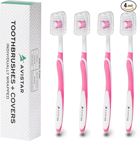 4 Pack Toothbrushes for Adults - Individually Wrapped Medium Bristle Toothbrushes with Covers - Pink - Convenient & Affordable Dental Care for Travel, Hotels, Airbnb, Missions & More