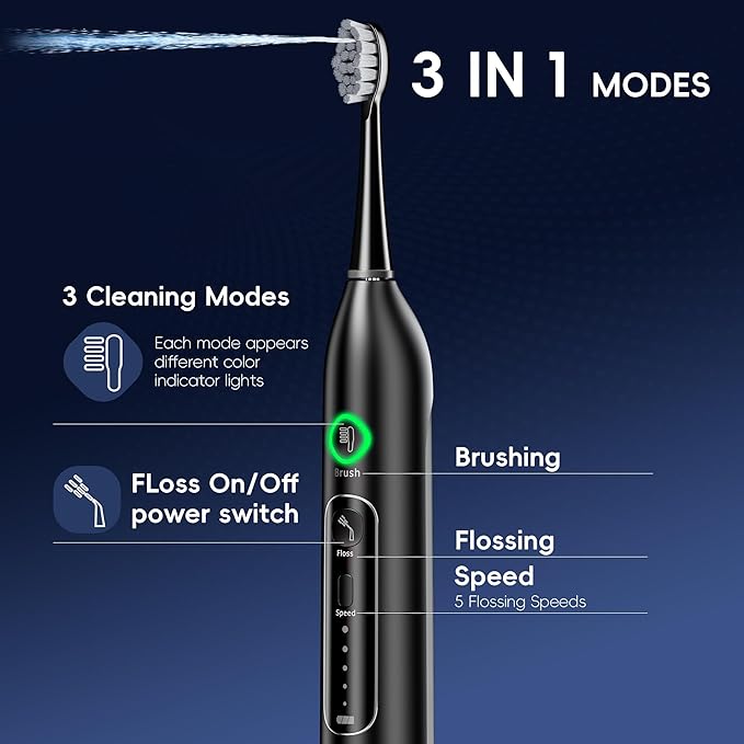 Electric Toothbrush with Water Flosser, All in One Sonic Flossing Toothbrush with 3 Modes & 5 Flossing Speeds & 4 Brush Heads, Rechargeable & Portable for Adult Teeth Cleaning,Black