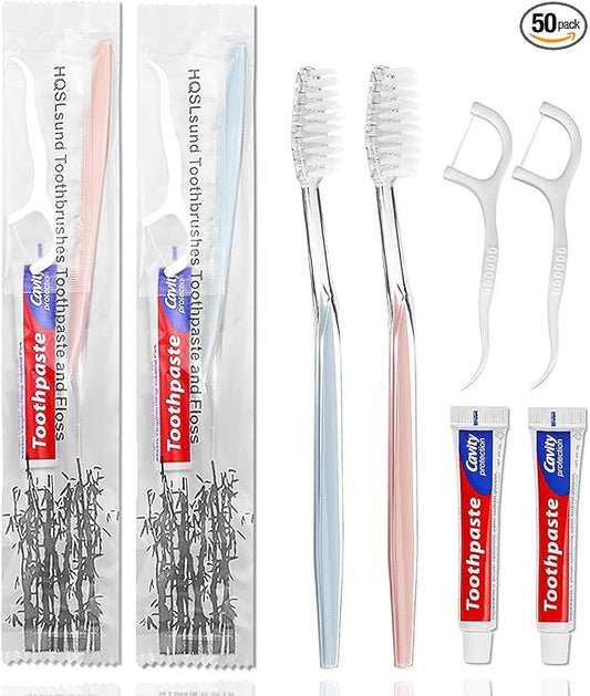 50pcs Disposable Toothbrushes with Toothpaste Floss Individually Wrapped, 2 Color Disposable Toothbrush, 10g Toothpaste, Dental Floss Pick, Bulk Toothbrush Kit for Homeless,Airbnb,Hotel