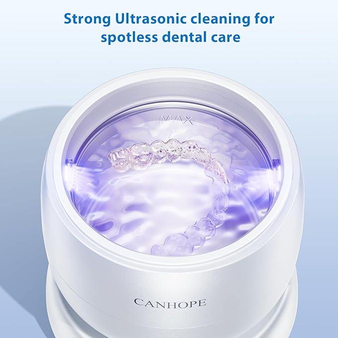 Ultrasonic Retainer Cleaner Machine, 42kHz Professional for Dentures, Aligners, Mouth Guards, Jewelry - IPX7 Waterproof Durable Removable Base and Top Cover, 3 Timer Settings, Quiet White