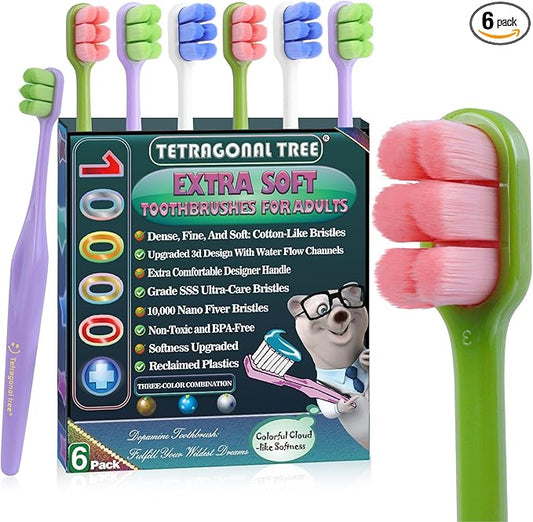 6 Pack Extra Soft Toothbrushes for Adults - 10,000 Ultra Soft Bristles for Sensitive Teeth & Receding Gums | Dentist Recommended Gentle Cleaning | BPA-Free | Dopamine Colors
