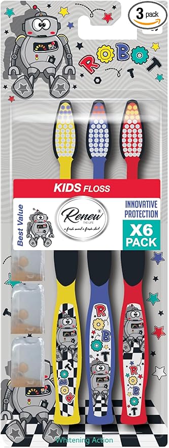 Kids Toothbrush with Travel Caps, Extra Soft Bristles, Dinosaur Theme, Manual, Ages 3-10, Pack of 3 (Robot, 1 Pack)