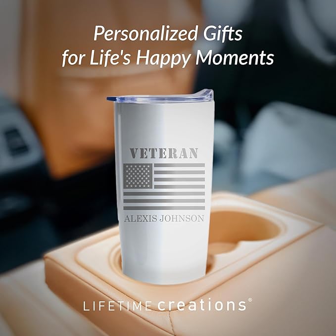Lifetime Creations Engraved Personalized Veteran Tumbler 20 oz (White) with American Flag - Custom Veteran Gift for Veterans Day Event, Insulated Stainless Steel Coffee Travel Mug