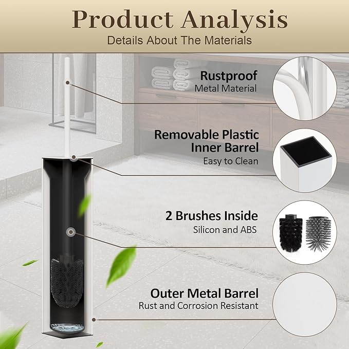 Toilet Brush and Holder Wall Mounted, White Aluminum with 2 Replaceable Heads, Bathroom Toilet Brush, Drill or 3M Adhesive Mount for Bathroom
