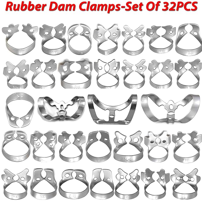 MEDSPO Professional Dental Rubber Dam Clamps | Endodontic Hygenic Brinker Universal Retractors| Tissue Gingival Lower Molars | Restorative Instruments Tools CE (32 Piece Set)