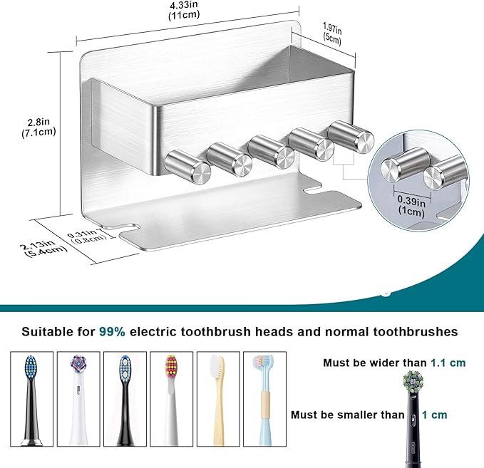 Toothbrush Holders, Toothbrush Head Holder Wall Mounted, Electric Toothpaste Holder for Bathroom, Shower Tooth Brushing Holder Storage, Stainless Steel Brushed Nickel Tooth Brush Holder Organizer