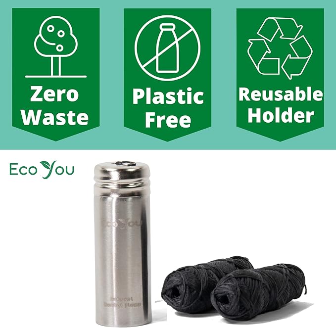 Charcoal Bamboo Floss | 2 Non Toxic Natural Floss Refill with Metal Container | Organic Mint & Candelilla Wax | Vegan & Biodegradable | Compatible w/Similar Dental Floss Silk Refill Containers