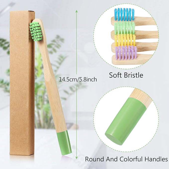 10 Piece Kids Bamboo Toothbrush Set - Natural Soft Bristle, Wooden, Toddler to Adult, Organic, BPA-Free, Colorful Travel Pack (Pack of 2)
