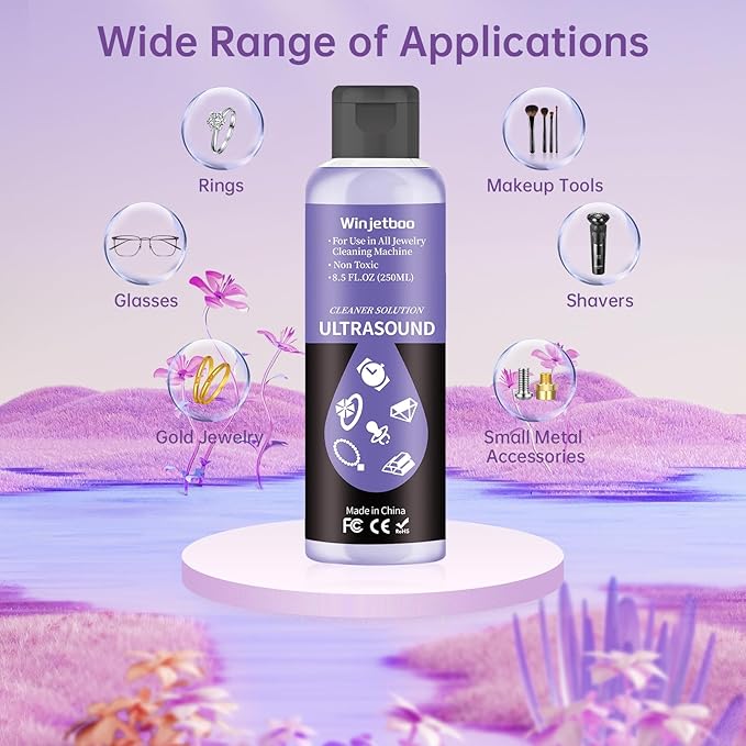Ultrasound Jewelry Cleaner Solution, Use in All Ultrasound Jewelry Machines, Rings and Eyeglass, Performance Liquid Cleans Solution for Diamonds, Gold, Earrings, and Watch, 8.5 oz/250 ml