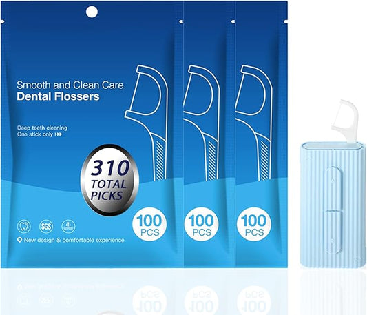 3 Bags of Dental Floss Picks & Dental Floss Case: Pop-Up Floss Pick Dispenser and Refill Bags, Portable Travel Organizer Case & Bulk Dental Floss Picks for Home and Travel Teeth Cleaning, Blue