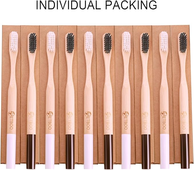 Bamboo Toothbrushes Medium Hard Bristles for Adults 10 Pack, Wooden Toothbrush Family Set Natural Organic Tooth Brush Black White