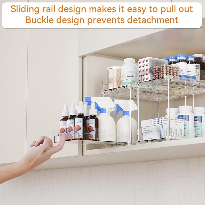 Yieach 4 Set Clear Pull Out Bathroom Organizers and Storage,2 Tier Under Sink Organizer and Medicine Cabinet Organizer,Small Slide Out Drawers for Pantry,Under Cabinet,Kitchen Storage and Organization