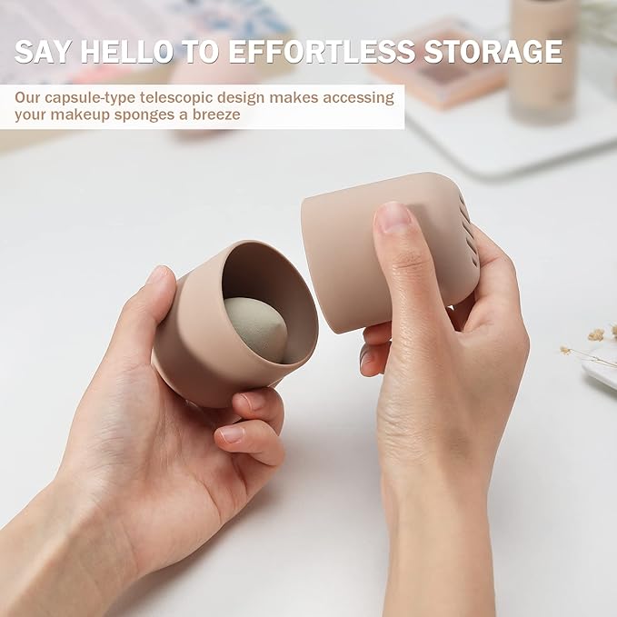 BEZOX Makeup Sponge Holder, Silicone Beauty Sponge Case with Double-Sided Vent Design for Quick Drying, Compact Travel Essentials Make Up Puff Blender Container - Khaki