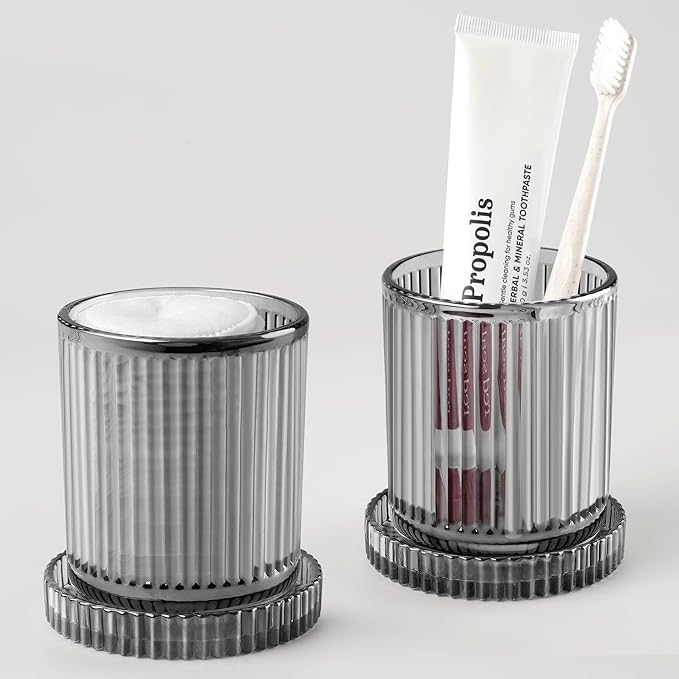 2 Pack Qtip Holder - Apothecary Jars with Lids, Bathroom Organizers and Storage Canister for Cotton Balls,Swabs,Floss Picks,Hair Ties,Clear Glass Vintage Bathroom Decor Jar Set (Gray)