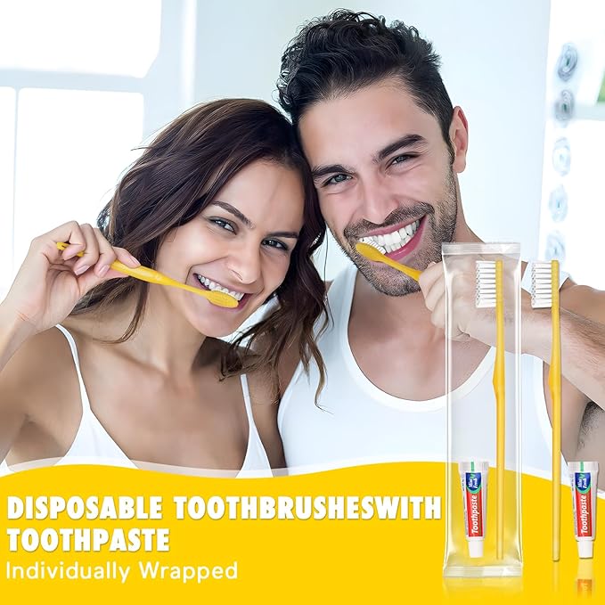 HOFASON Disposable Toothbrushes with Toothpaste Pack of 20, Yellow Hollow Travel Toothbrush Set with 5g Toothpaste Bulk Individually Wrapped for Homeless, Nursing Home, Shelter, Hotel