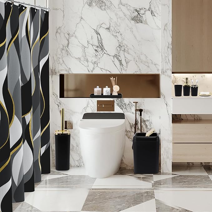 Black Bathroom Set, Bathroom Sets with Stripe Shower Curtain, Black and Gold Bathroom Accessories with Trash Can, Soap Dispenser, Soap Dish, Toilet Brush Holder, Qtip Holders for Bathroom