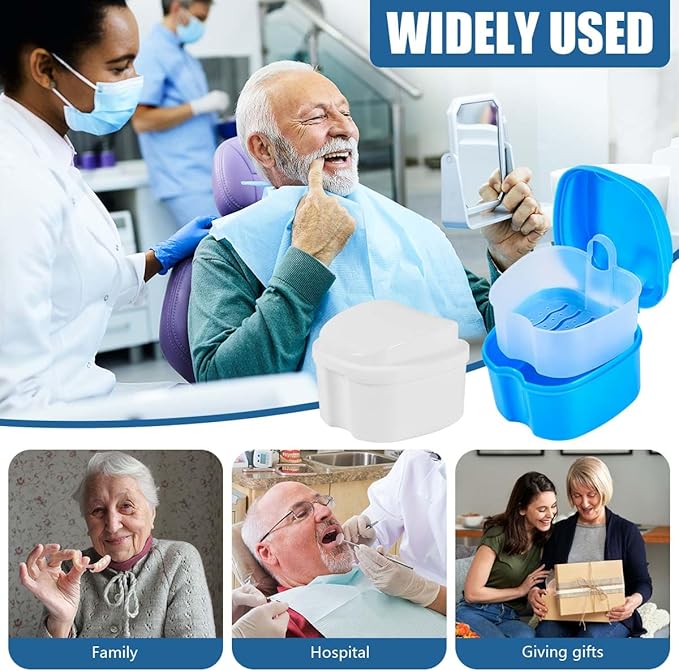 2 Pack Denture Bath Case Cup Box Holder Storage Container with Denture Cleaner Brush Strainer Basket for Travel Cleaning (White and Light Blue)