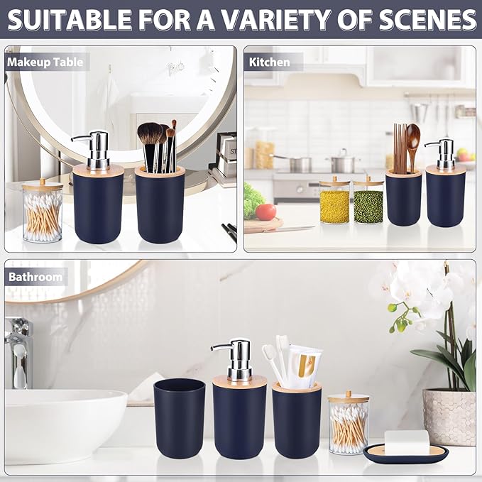 iMucci Bathroom Accessories Set 5Piece Navy Blue Bathroom Sets, Toothbrush Holder, Toothbrush Cup, Lotion Soap Dispenser, Soap Dish and Qtip Holder Bathroom Decor