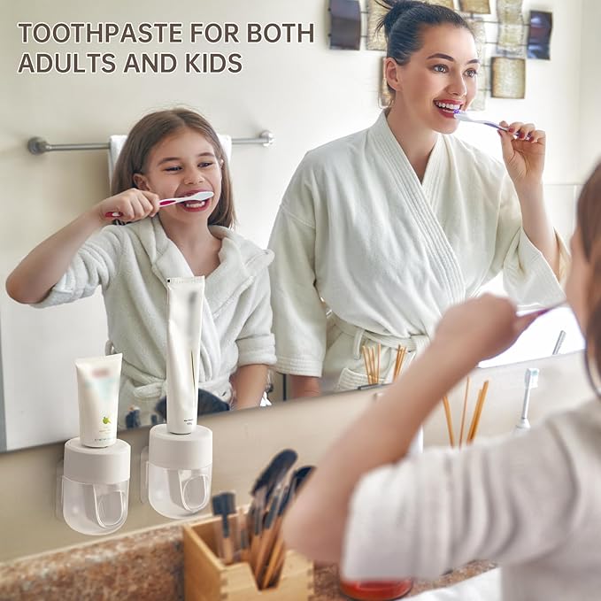 Toothpaste Dispenser, Wall Mounted Automatic Toothpaste Squeezer for Kids and Adults, with Strong Adhesive Sticky Hook, Labor Saving Bathroom Toothpaste Dispenser, White