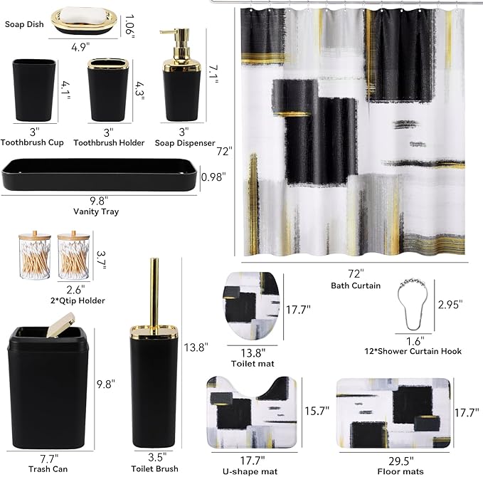 Bathroom Set - Black Bathroom Accessories Set, Bathroom Sets with Shower Curtain and Rugs, Black Shower Curtain Set with Bathroom Trash Can, Soap Dispenser, Soap Dish for Home Decor