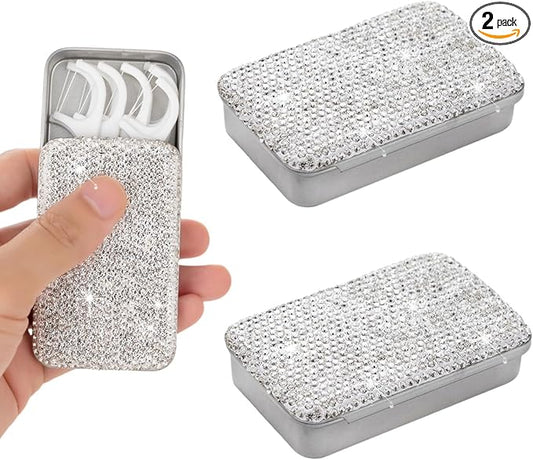 2pcs Dental Floss Holder Bling Gum Container Small Metal Tin Box Case for Q-tip,Cotton Swab（Silver
