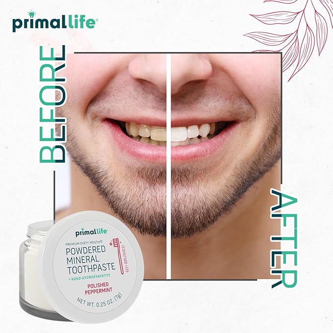 Primal Life Organics - Dirty Mouth Toothpowder, Tooth Cleaning Powder, Flavored Essential Oils with Natural Kaolin & Bentonite Clay, Good for 200+ Brushings, Organic, Vegan (Peppermint, 0.25 oz)
