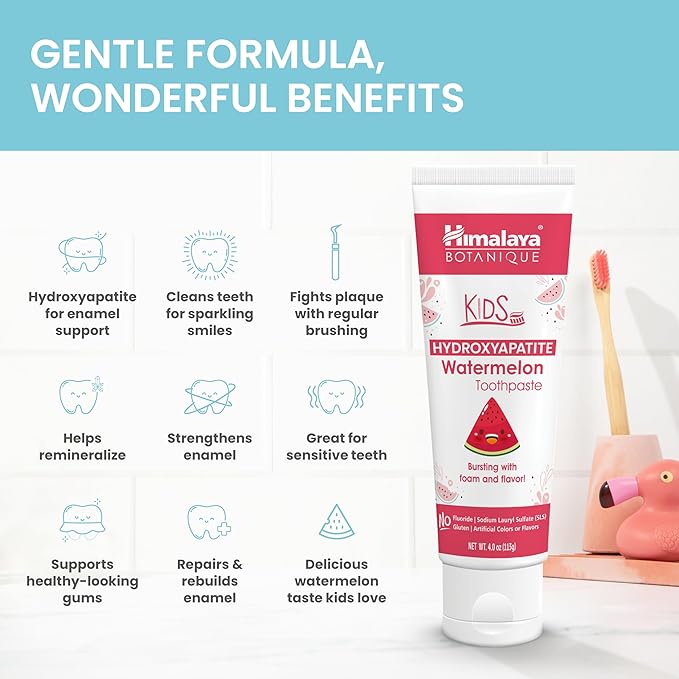 Himalaya Botanique Kids Hydroxyapatite Toothpaste, Watermelon Flavor - Nano Hydroxyapatite to Support Remineralization and Restore Enamel, Fluoride-Free, Vegan, Gluten Free, 4 oz