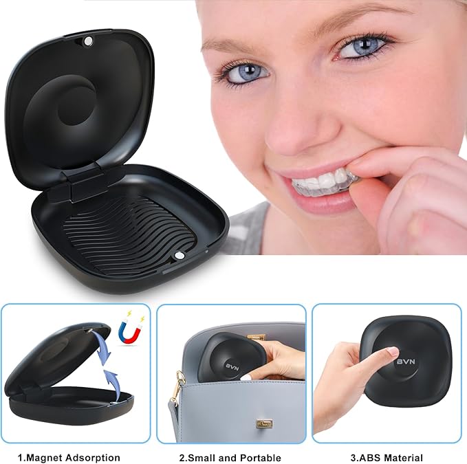 BVN Magnetic Seal Slim Orthodontic Dental Case with Unique Conch Texture, Portable Storage Holder for Braces, Teeth Aligner, Retainer, Mouth Guard, Night Guard & Denture - Black