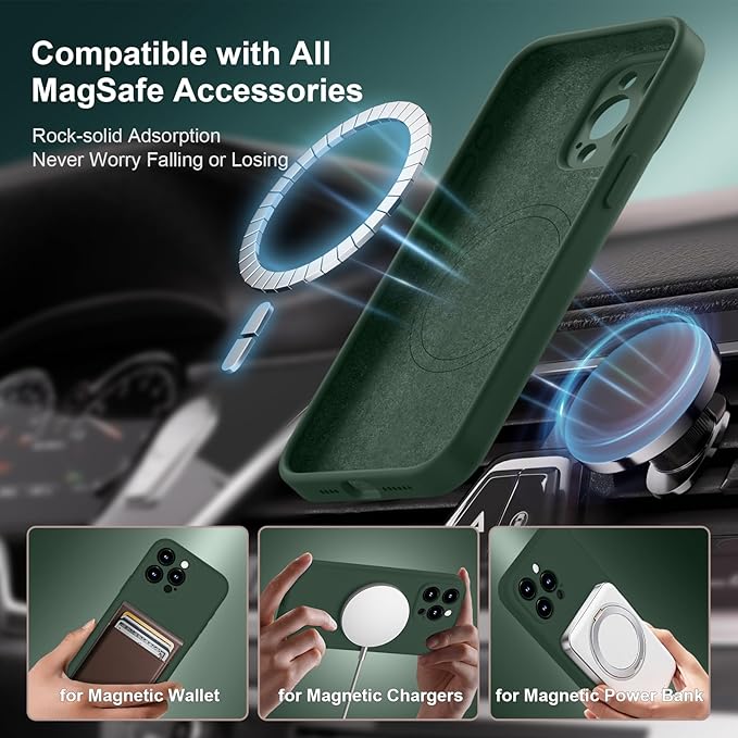 Magnetic for iPhone 15 Pro Case, Compatible with MagSafe, with 9H Nano Screen Protectors, Full Camera Protection, Silicone Shockproof Microfiber Lining Phone Case 6.1", Alpine Green