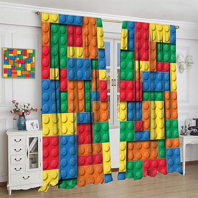 Building Block Toy Curtain Rod Pocket Children's Nursery Abstract Outline Colorful Toy Cartoon Theme Brick Geometric Print Curtain, Blackout Curtain for Boys and Girls Room 63x72in