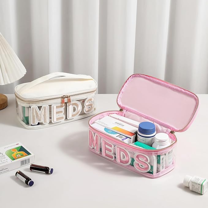 Clear PVC Letter Patch MEDS RX Makeup Bag with Metal Zipper,Large Capacity Nylon Transparent Medicine Bag with Top Handle,First Aid Travel Organizer Cosmetic Bag(02Pink MEDS)