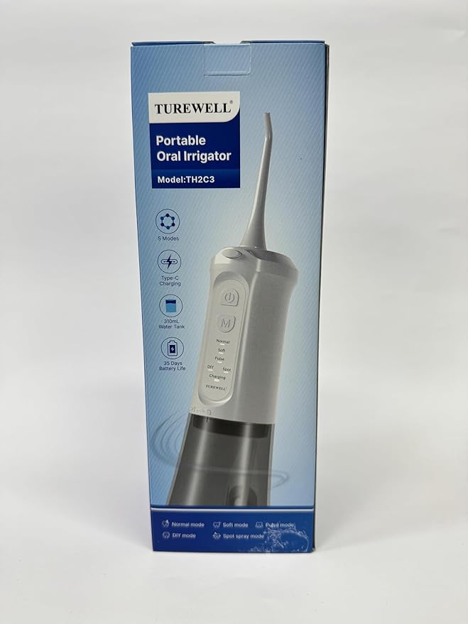 TUREWELL Water Dental Flosser for Teeth/Braces, 310 ML Portable Cordless Oral Irrigator with 5 Modes, IPX7 Waterproof Electric Water Flossing with 4 Replacement Jet Tips for Travel and Home, White