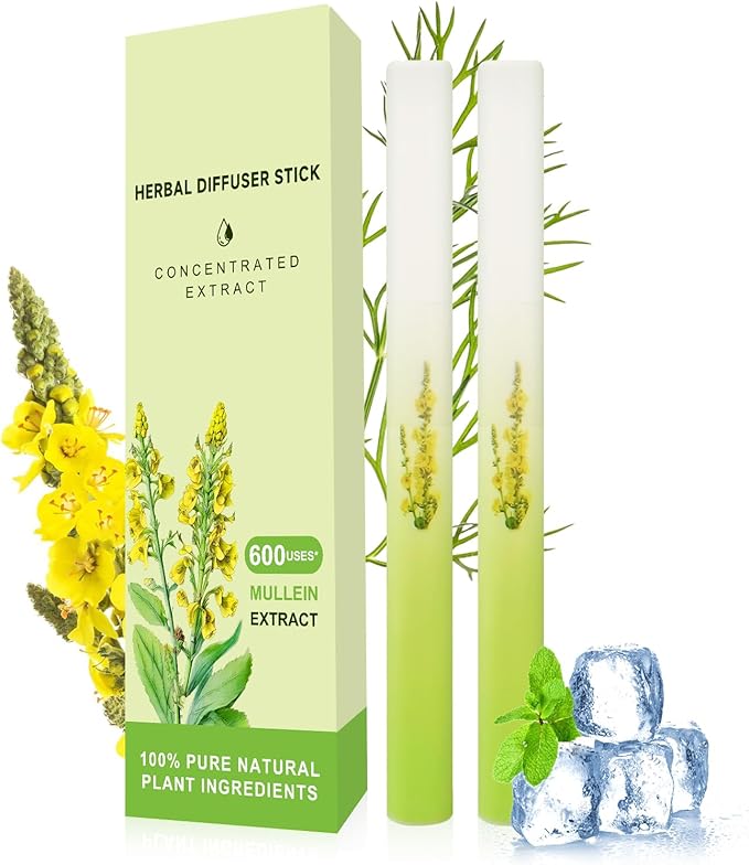Mullein Herbal Diffuser Upgraded with Extracts of Mullein, Thyme and Mint for Cleansing Lungs, Improving Breathing and Oral Air Freshening- 2 Stick, 2 Pack