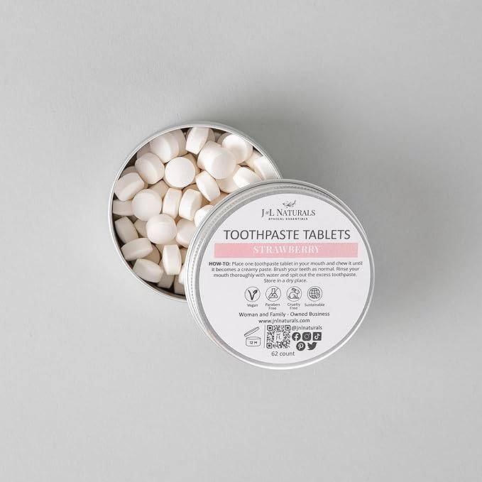 J&L Naturals Toothpaste Tablets | 62-Pack Travel-Friendly Toothpaste | Fluoride + Plastic Free, Vegan, Cruelty Free, Sustainable | Woman-Owned Small Business (Strawberry, 62 Count (Pack of 1))
