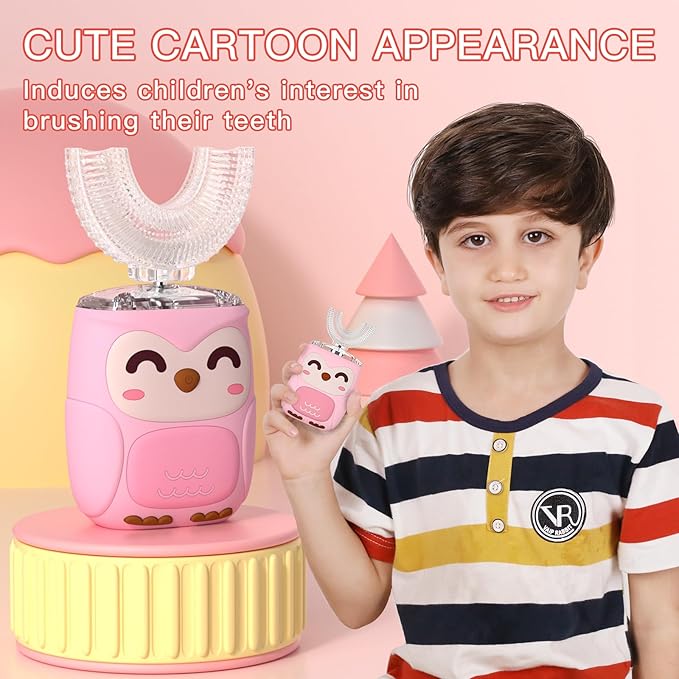 Kids Electric U Shaped Toothbrush Kids Sonic Toothbrush with 4 Soft Brush Head Automatic Full Mouth 6 Cleaning Mode-(Age2-7 Pink)