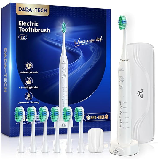 Electric Toothbrush for Adults Kids Electric Toothbrush Rechargeable Sonic Toothbrush Ultrasonic Toothbrush with Travel Case, Holder & 7 Brush Heads, 6 Modes & 3 Intensities, 2-Minute Timer (White)