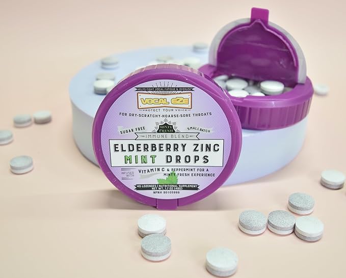 Vocal Eze Elderberry Mint with Vitamin C and Zinc (40) | Lozenges to Relieve Sore, Hoarse, Fatigue, Dryness of Throat | Voice Support, Sugar Free
