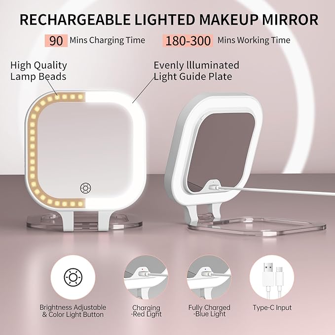 FUNTOUCH Travel Magnifying Mirror with Light, 20X/1X/ Magnifying Makeup Mirror Set, 3 Light Settings & Adjustable Brightness,Rechargeable Folding Compact Double Sides Mirror for Home & Travel, White