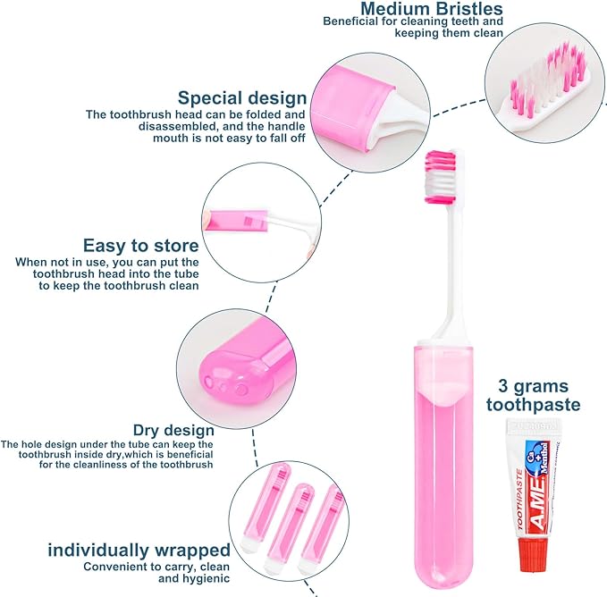 Twoworld Traveling Toothbrush and Toothpaste 3gram, Disposable Mini Toothbrush With Cover, Bulk Folding Toothbrushes Camping Hiking (50 Count)
