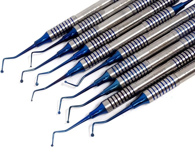 Set of 10 Dental Spoon Excavators 1MM-2.5MM Blue Titanium Coated Tips Restorative Composite Filling Tooth Cavity Carious Decay Removal Double Ended Instruments