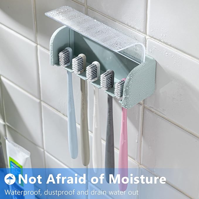 5 Slots Toothbrush Holder Wall Mount with Cover, Self Adhesive Toothbrushes Storage Organizer Perfect for Dorm Bathrooms and Shower, Holds 5 Toothbrushes. (Blue)