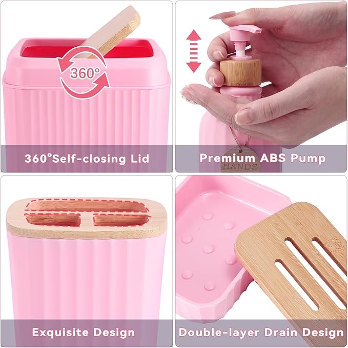 32PCS Pink Bathroom Accessories Set with Shower Curtain,Rugs,3PCS Lotion Soap Dispenser,6PCS Wood Tags Bath Accessories with Tray for Bathroom