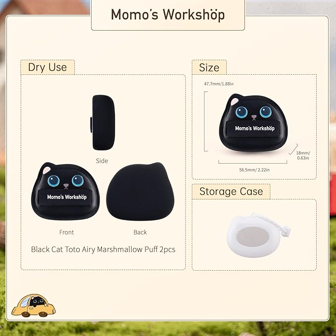 Black Cat Toto Airy Marshmallow Puff,Makeup Sponge,Rubycell Material,Pointed Tip for Concealer + Flat Side for Foundation, Longwear Makeup, Travel Friendly & Reusable,2pcs Puffs & Storage Case