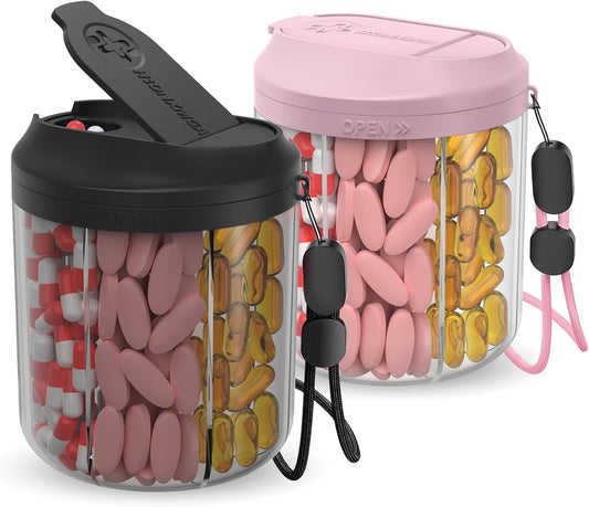 Pill Dispenser with 7 Large Compartments, Pill Bottle Organizer for Travel, Supplement Organizer with Anti-Mixing Design, BPA-Free Pill Container with 20 Pcs Labels, Pink + Black 2pcs