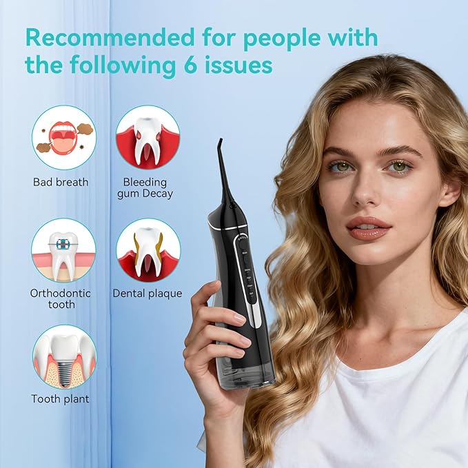 Water Flosser Cordless Oral Irrigator with 4 Modes and 4 Jet Tips, IPX7 Waterproof, 300ml/10oz for Adults, Home and Travel Use in Black
