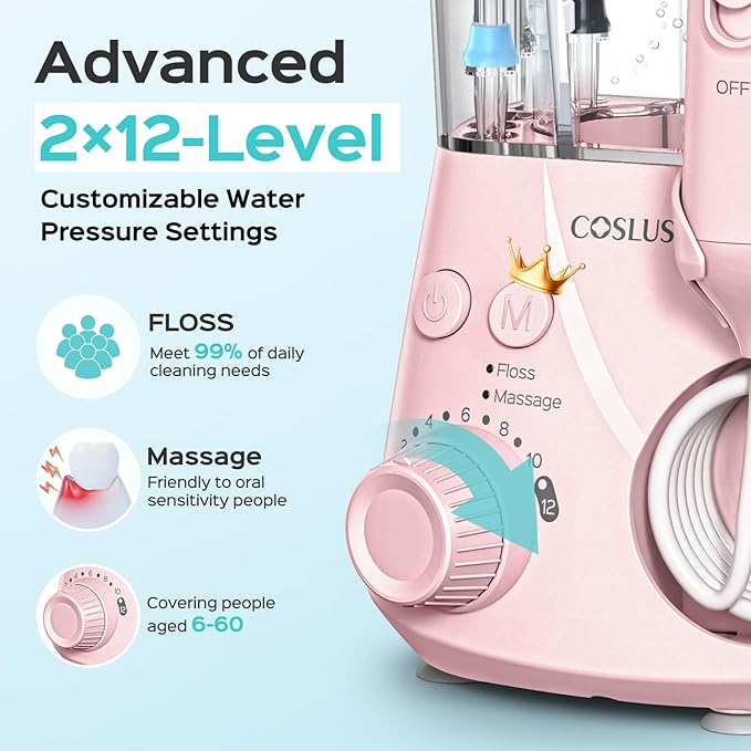 COSLUS Advanced Water Flosser for Teeth: 2 Modes & 12 Pressure Settings Electric Dental Pick for Orthodontic, Braces, Sensitive Gums - Home Use, 5 Jet Tips for Multiple Users, Family, Pink, E2