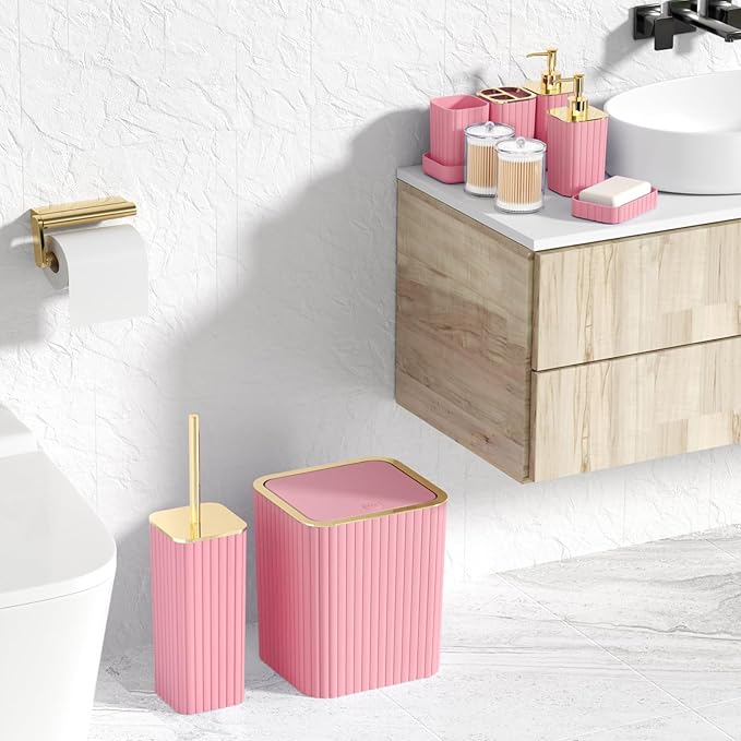 Pink Bathroom Accessories Set - Gorgeous Bathroom Set, 10PC Bathroom Accessory Set, Toilet Brush, Trash Can, Qtip Holder Dispenser & Soap Dispenser