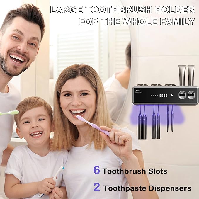 Toothbrush Holders for Bathrooms,Electric Toothbrush Holder Wall Mounted - 6 Brush/3 Cup,Automatic Toothpaste Dispenser & Hot Dry,Smart Cleaning,Bathroom Storage Upgrade (Black)